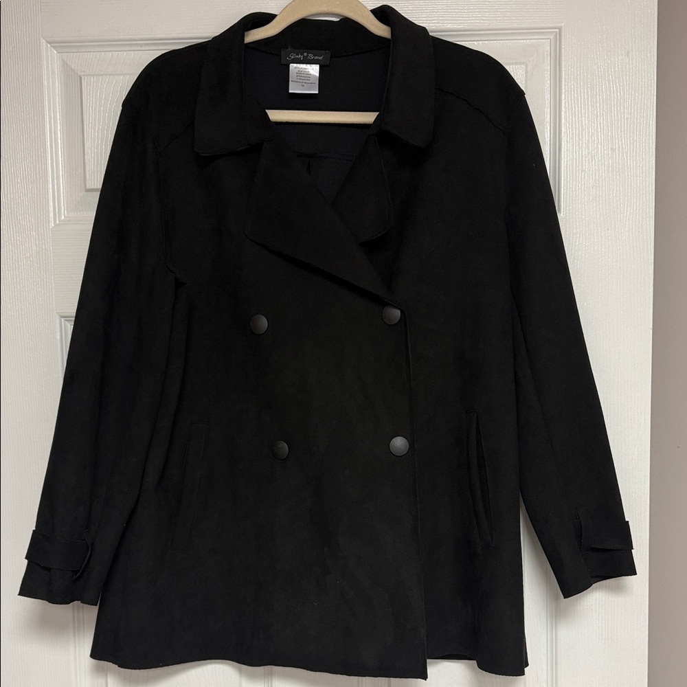 Slinky Brand Black Double-Breasted lightweight snap closure suede like coat